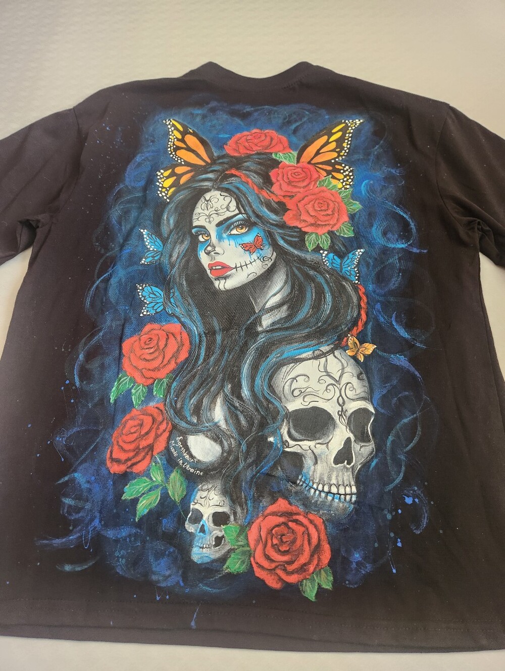 Halloween T-shirt M Black Cotton Handpainted Skull Rose Dead La Catrina Art New - Picture 4 of 12